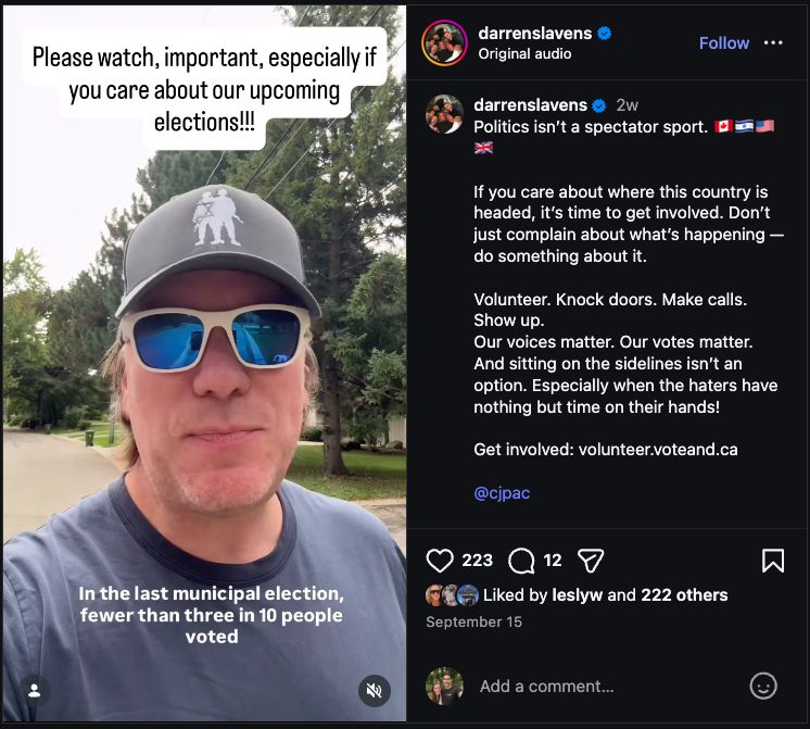 Instagram post from @darrenslavens: Politics isn't a spectator sport. Volunteer. Knock doors. Make calls. Show up.